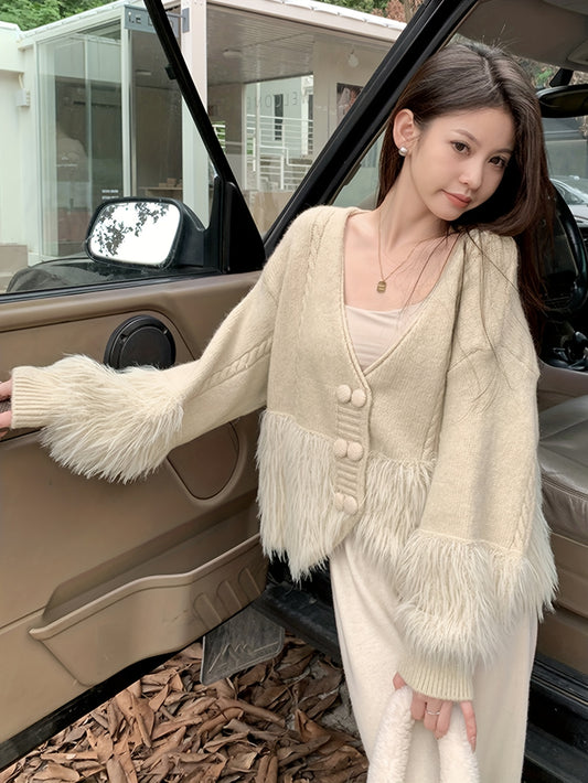 vlovelaw  Faux Fur Decor Button Front Cardigan, Long Sleeve Cardigan For Fall & Winter, Women's Clothing