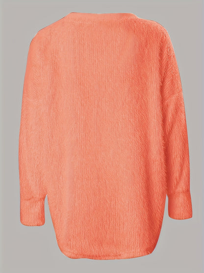 Rhinestone V Neck Fuzzy Sweater, Casual Long Sleeve Loose Sweater, Women's Clothing