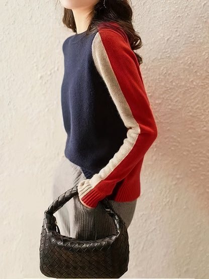 xieyinshe  Color Block Crew Neck Pullover Sweater, Casual Long Sleeve Basic Sweater, Women's Clothing
