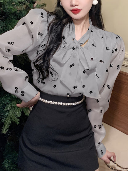 Floral Print Tie Neck Blouse, Casual Long Sleeve Blouse For Spring & Fall, Women's Clothing