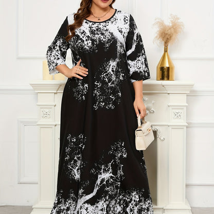 vlovelaw  Plus Size Abstract Ink Pattern Kaftan Dress, Elegant Crew Neck 3/4 Sleeve Dress, Women's Plus Size Clothing