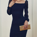 vlovelaw  Ruched Bodycon Mini Dress, Sexy Square Neck Long Sleeve Dress, Women's Clothing