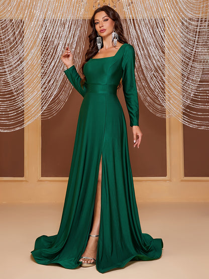 vlovelaw  Solid Square Neck Bridesmaid Dress, Elegant Long Sleeve Split Floor Length Dress For Wedding Party, Women's Clothing