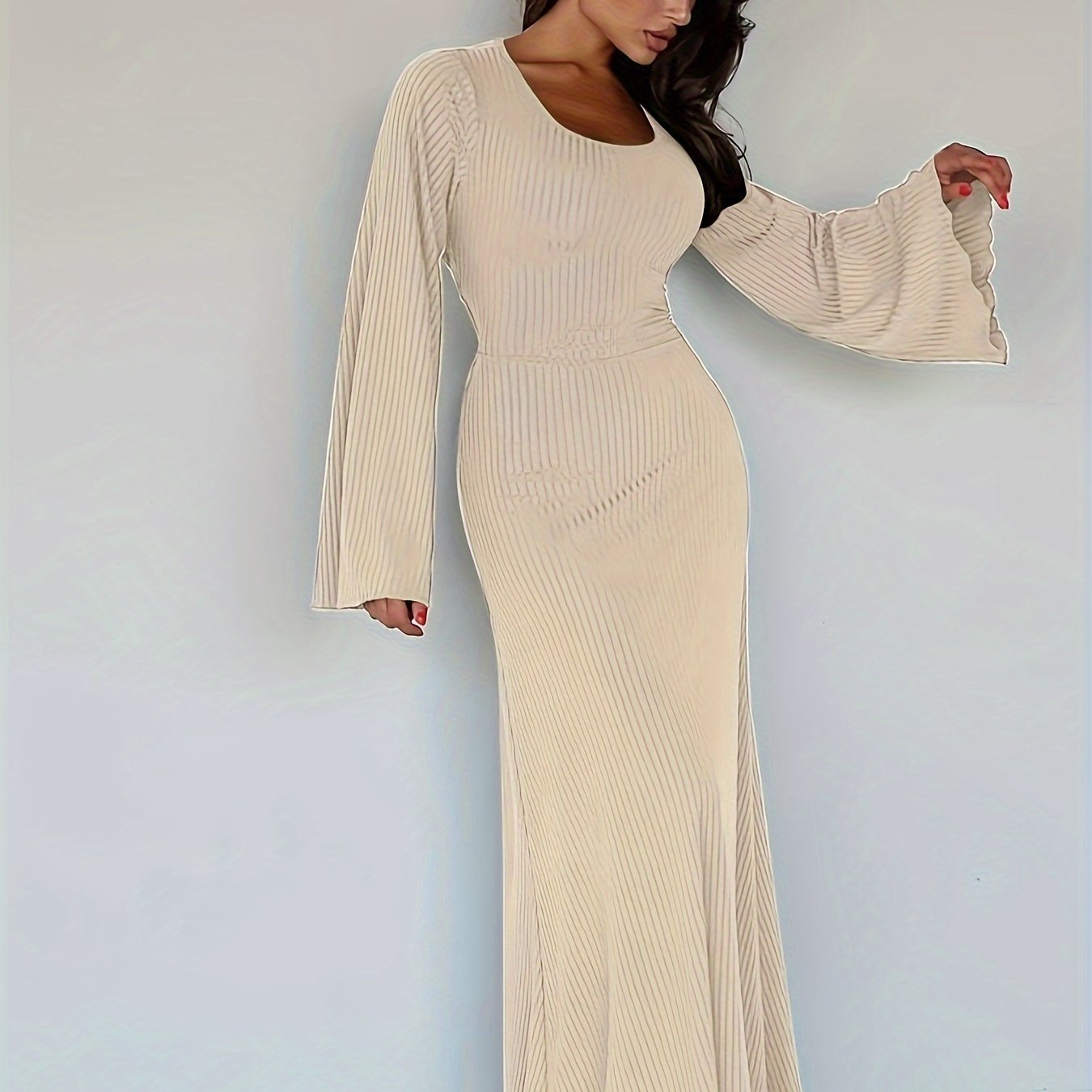 vlovelaw  Solid Flared Long Sleeve Dress, Casual Squared Neck Maxi Dress, Women's Clothing