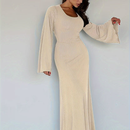 vlovelaw  Solid Flared Long Sleeve Dress, Casual Squared Neck Maxi Dress, Women's Clothing