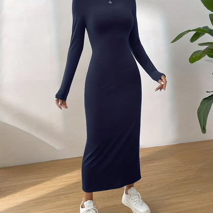 Solid Crew Neck Slim Dress, Elegant Long Sleeve Midi Dress, Women's Clothing