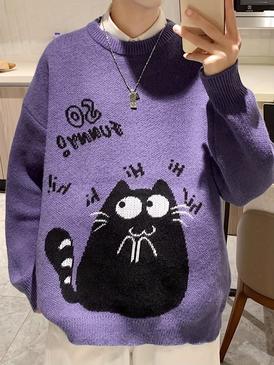 vlovelaw Black Cat Pattern Knitted Sweater, Men's Casual Warm Slightly Stretch Crew Neck Pullover Sweater For Men Fall Winter