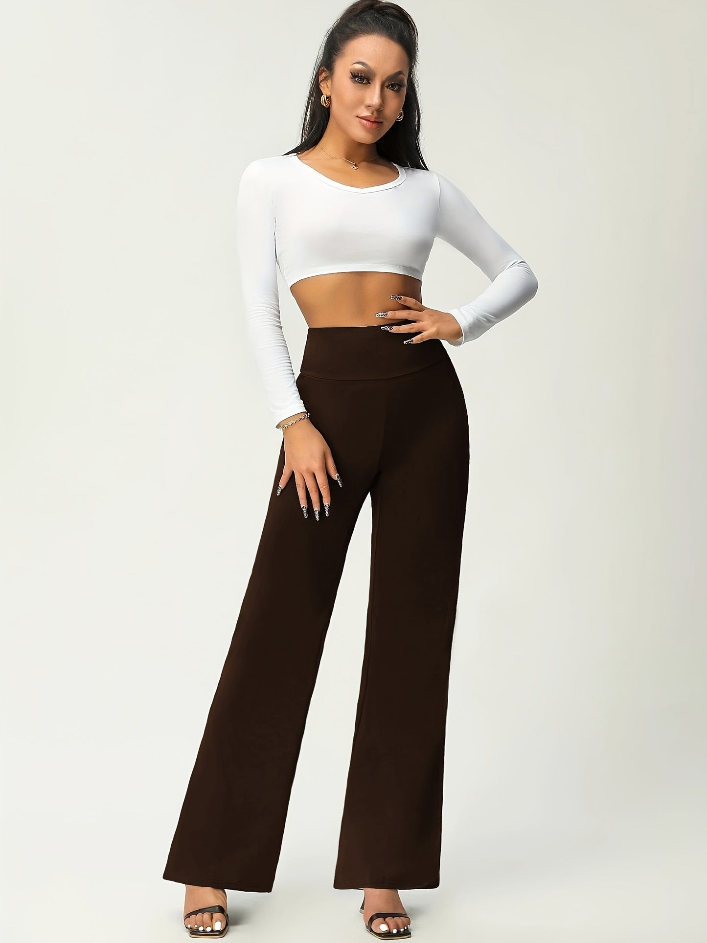 vlovelaw  Women's Solid Flare Leg Pants, High Waist Stretchy Pants, Casual Every Day Pants, Women's Clothing