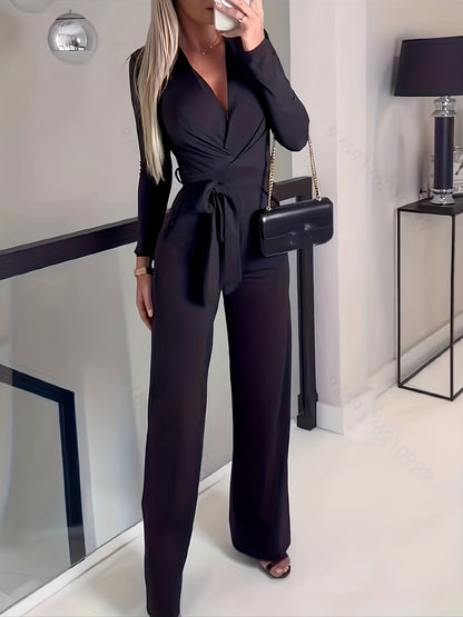 vlovelaw  Solid Waist Romper Jumpsuit, Casual V Neck Long Sleeve Romper Jumpsuit, Women's Clothing