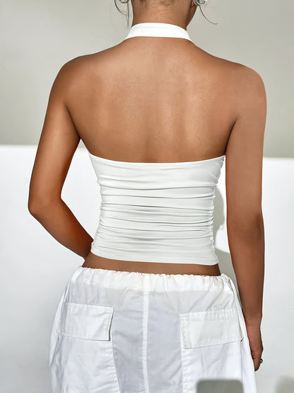 vlovelaw  Straight Neck Halter Neck Top, Sexy Sleeveless Crop Halter Top For Summer, Women's Clothing