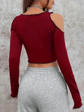vlovelaw Spider Print Cold Shoulder Tee, Y2K Contrast Trim Long Sleeve Crop Top, Women's Clothing