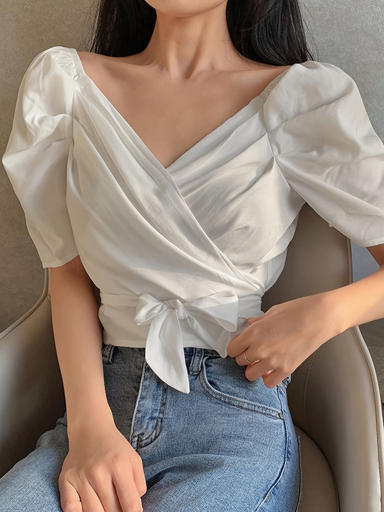 vlovelaw  Solid Ruched V Neck Blouse, Sweet Tie Back Puff Sleeve Blouse For Spring & Summer, Women's Clothing