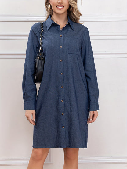 xieyinshe  Solid Button Front Dress, Elegant Long Sleeve Lapel Dress, Women's Clothing