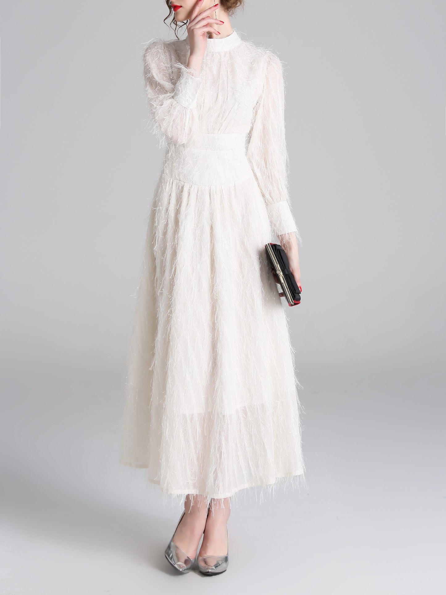 vlovelaw  Solid Mock Neck Fluffy Dress, Elegant Lantern Long Sleeve Dress For Spring & Fall, Women's Clothing