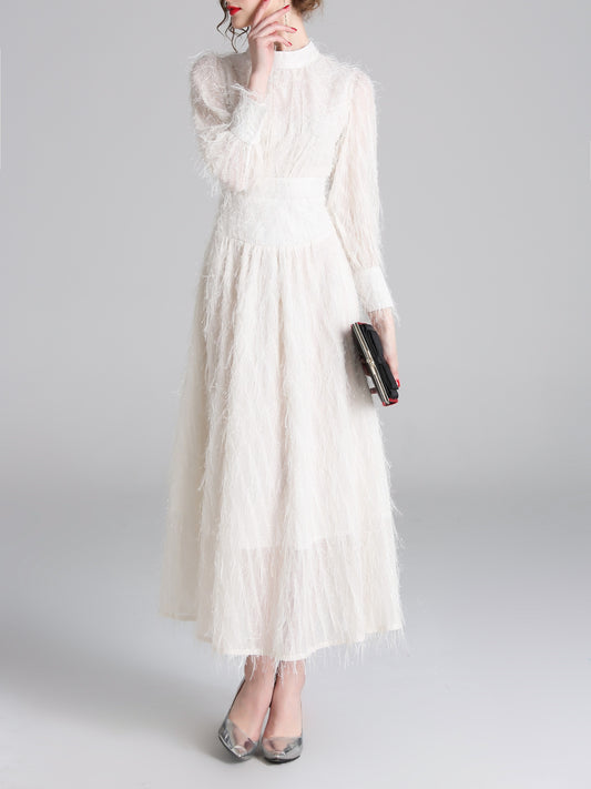 vlovelaw  Solid Mock Neck Fluffy Dress, Elegant Lantern Long Sleeve Dress For Spring & Fall, Women's Clothing