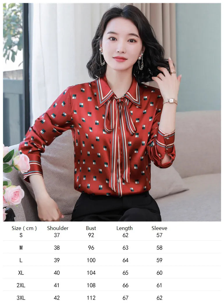 Ribbon Bow Women Silk Print Shirt Polka Dot Long Sleeve Button Up Blouses Office Ladies Casual Shirts Spring Autumn Designer Blouse Fine Elegant Tops Woman