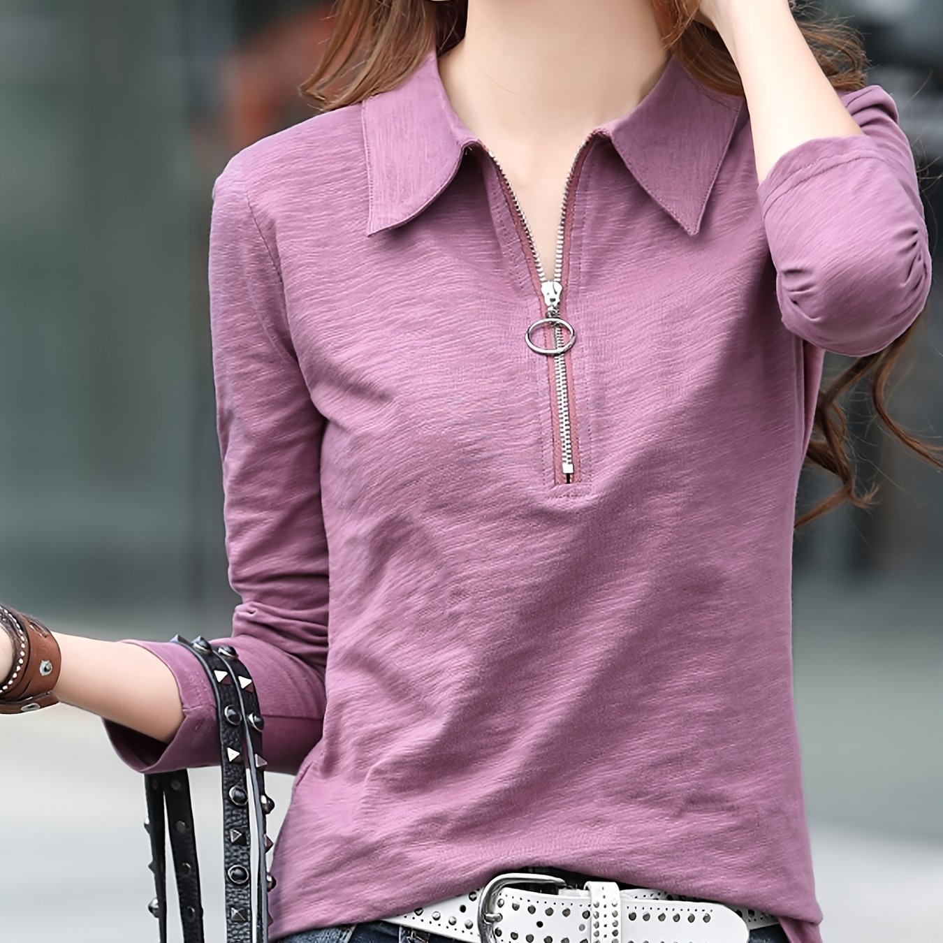vlovelaw  Zip Up Polo Shirt, Polo Neck Long Sleeve T-Shirt, Casual Every Day Tops, Women's Clothing