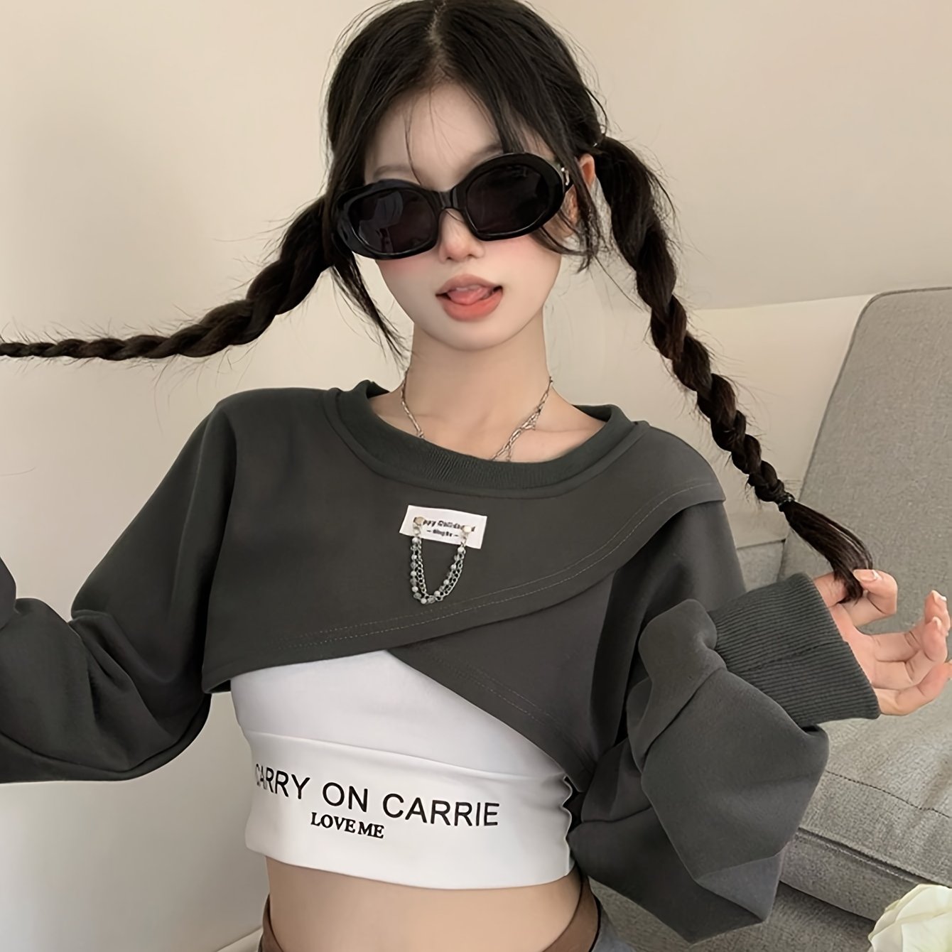vlovelaw  Casual Two-piece Top Set, Crop Crew Neck Long Sleeve Sweatshirt & Letter Print Crop Summer Top, Women's Clothing