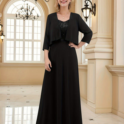 vlovelaw  Solid Color Two-piece Dress Set, Open Front Three-quarter Sleeve Cardigan & Sleeveless A-line Dress Outfits, Women's Clothing