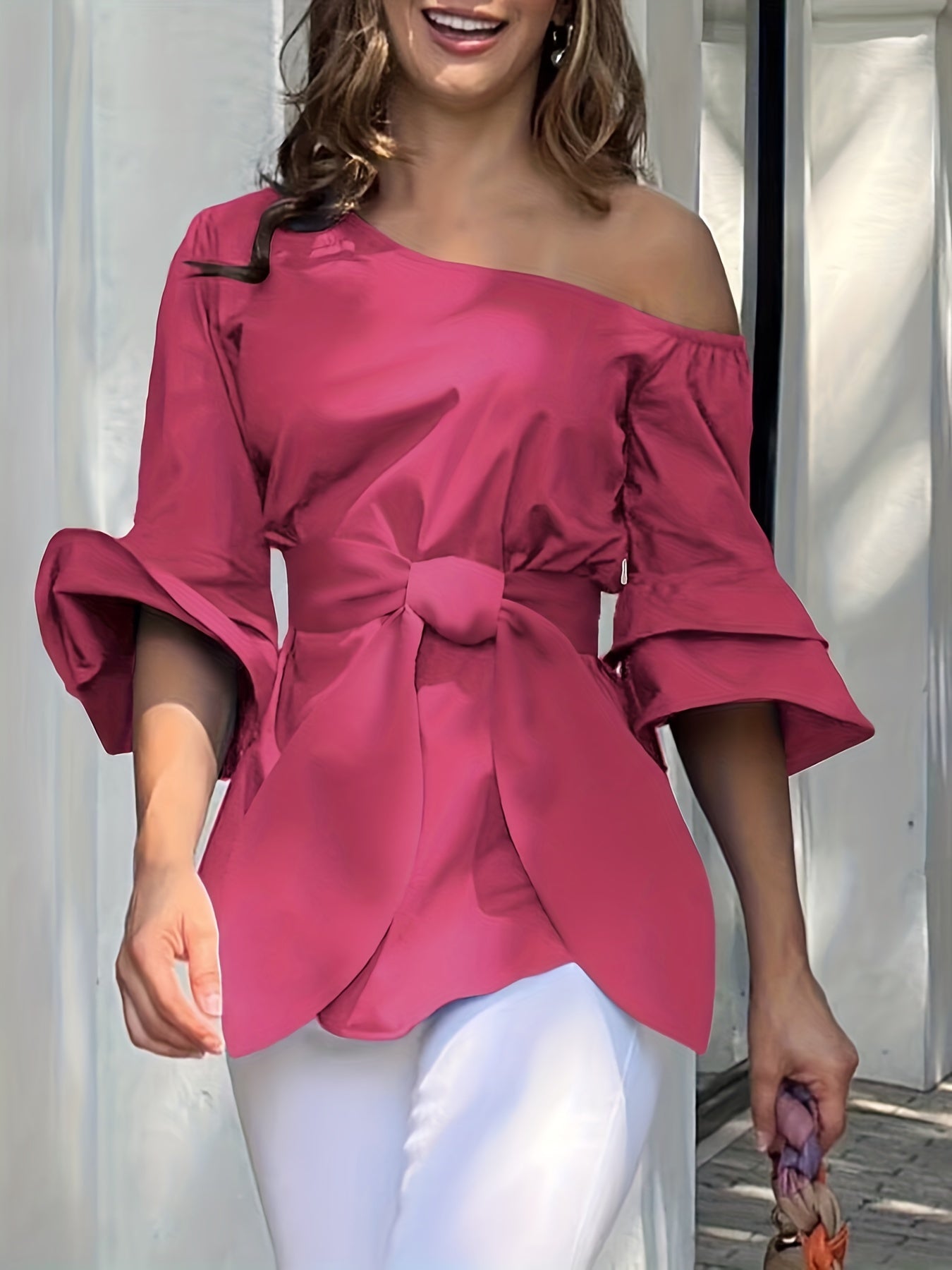 vlovelaw  Solid Cold Shoulder Waist Belted Top, Elegant Layered Ruffle Sleeve Top For Spring & Fall, Women's Clothing
