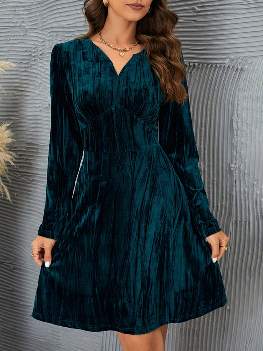 vlovelaw Solid Velvet Long Sleeve Dress, Casual Cinched Waist V Neck Dress For Spring & Fall, Women's Clothing
