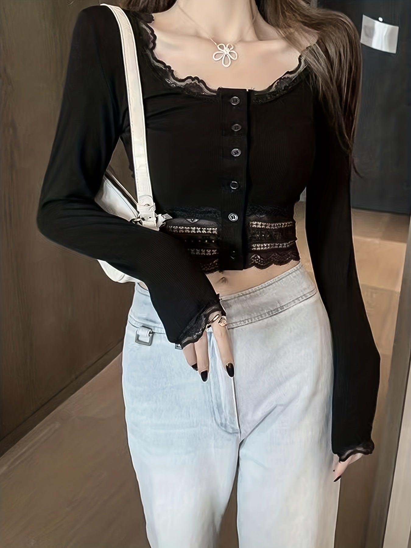 vlovelaw Lace Stitching Crew Neck Crop Blouse, Casual Button Front Long Sleeve Blouse For Spring & Fall, Women's Clothing