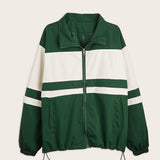 vlovelaw  Color Block Zip Up Long Sleeve Jacket, Vintage Loose Spring Warm Outerwear, Women's Clothing