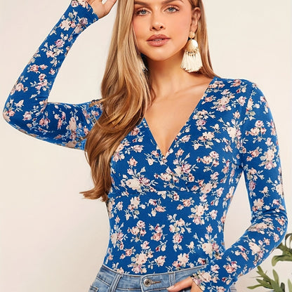 vlovelaw  Floral Print V Neck T-Shirt, Casual Long Sleeve Top For Spring & Fall, Women's Clothing