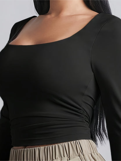 vlovelaw Solid Square Neck Ruched T-Shirt, Casual Long Sleeve Crop T-Shirt For Spring & Fall, Women's Clothing