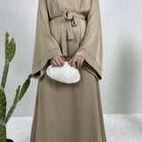 vlovelaw  Solid Belted Abaya Kaftan Dress, Elegant Ankle Length Long Sleeve Dress, Women's Clothing