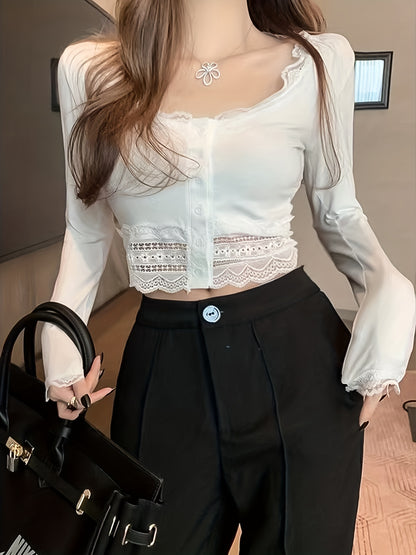vlovelaw Lace Stitching Crew Neck Crop Blouse, Casual Button Front Long Sleeve Blouse For Spring & Fall, Women's Clothing