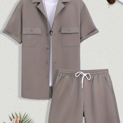 Mens Stylish Lapel Outfit Set - 2 Piece Short Sleeve & Shorts - Ultra-Comfortable Loose Lounge Wear for Effortless Casual Days