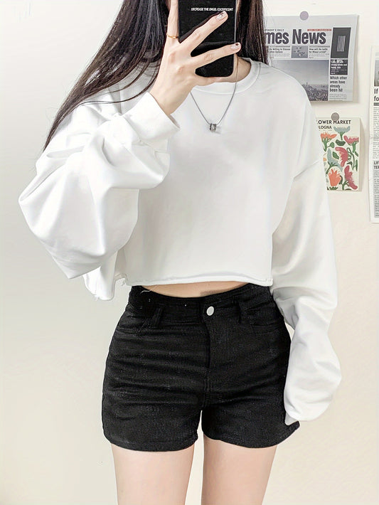 vlovelaw  Solid Rolled Hem Sweatshirt, Casual Long Sleeve Loose Crop Sweatshirt, Women's Clothing