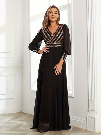 Elegant Striped Sequined Surplice Neck Dress, Sleeveless Ankle Dress For Party & Banquet, Women's Clothing