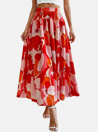 Plus Size Elegant Skirt, Women's Plus Floral Print Elastic High Rise Flowy Maxi Skirt