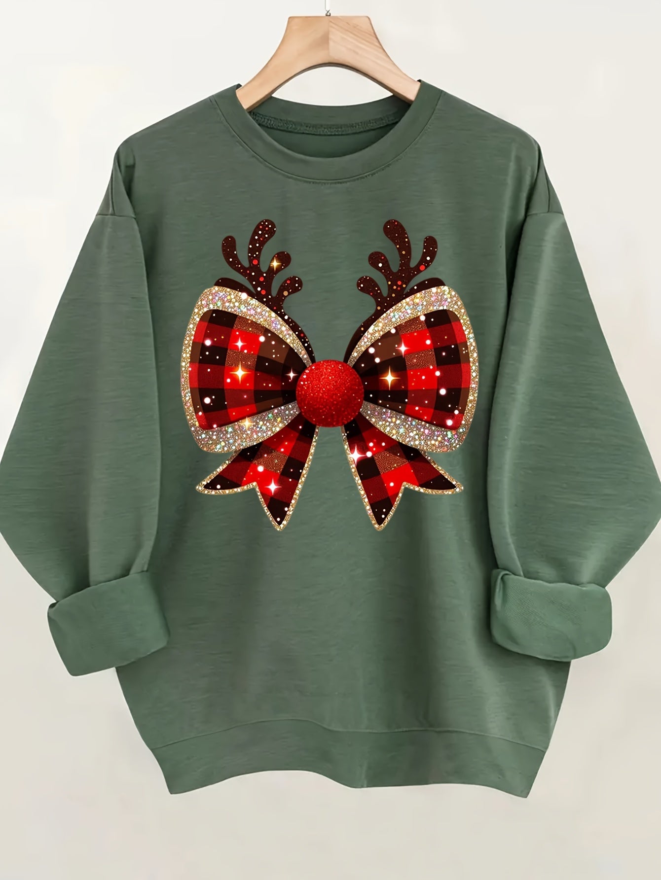 Cozy Women's Christmas Bow Print Pullover Sweatshirt - Casual Long Sleeve Crew Neck for Spring & Fall Seasons