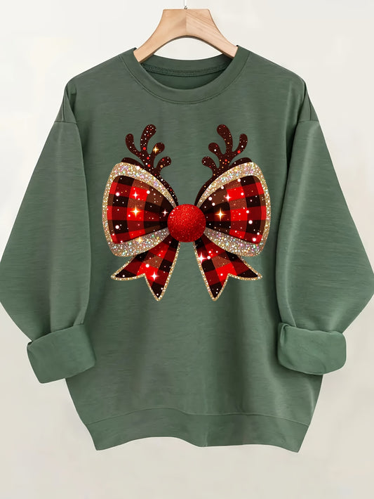 Cozy Women's Christmas Bow Print Pullover Sweatshirt - Casual Long Sleeve Crew Neck for Spring & Fall Seasons