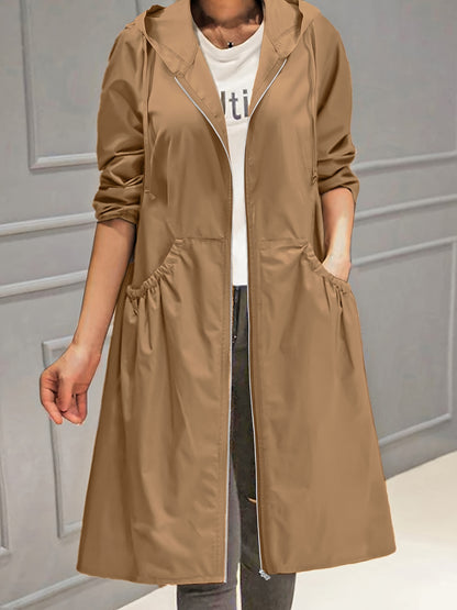 vlovelaw  Plus Size Casual Trench Coat, Women's Plus Solid Long Sleeve Hooded Drawstring Zipper Longline Trench Coat With Pockets