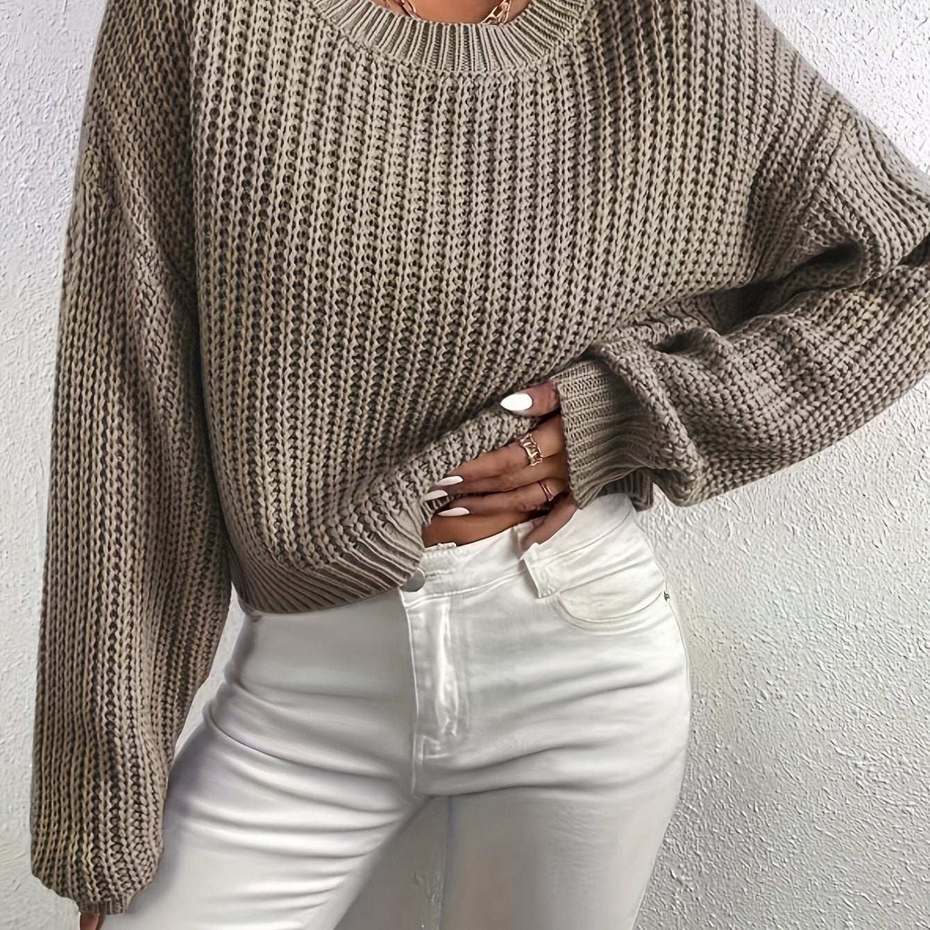 vlovelaw  Crew Neck Rib Knit Sweater, Casual Drop Shoulder Oversized Long Sleeve Loose Fall Winter Knit Sweater, Women's Clothing