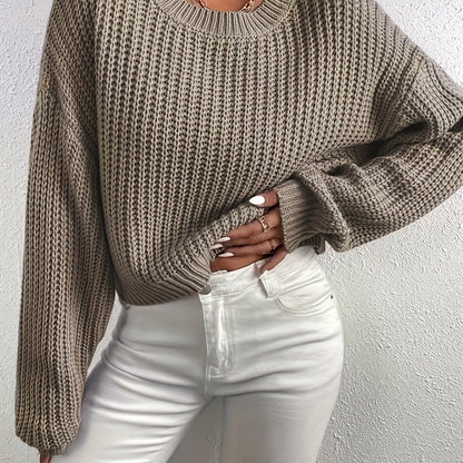 vlovelaw  Crew Neck Rib Knit Sweater, Casual Drop Shoulder Oversized Long Sleeve Loose Fall Winter Knit Sweater, Women's Clothing