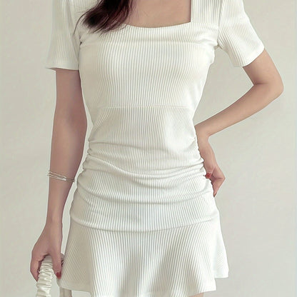 vlovelaw  Solid Ruched Waist Bodycon Dress, Preppy Square Neck Short Sleeve Mini Dress For Spring & Summer, Women's Clothing