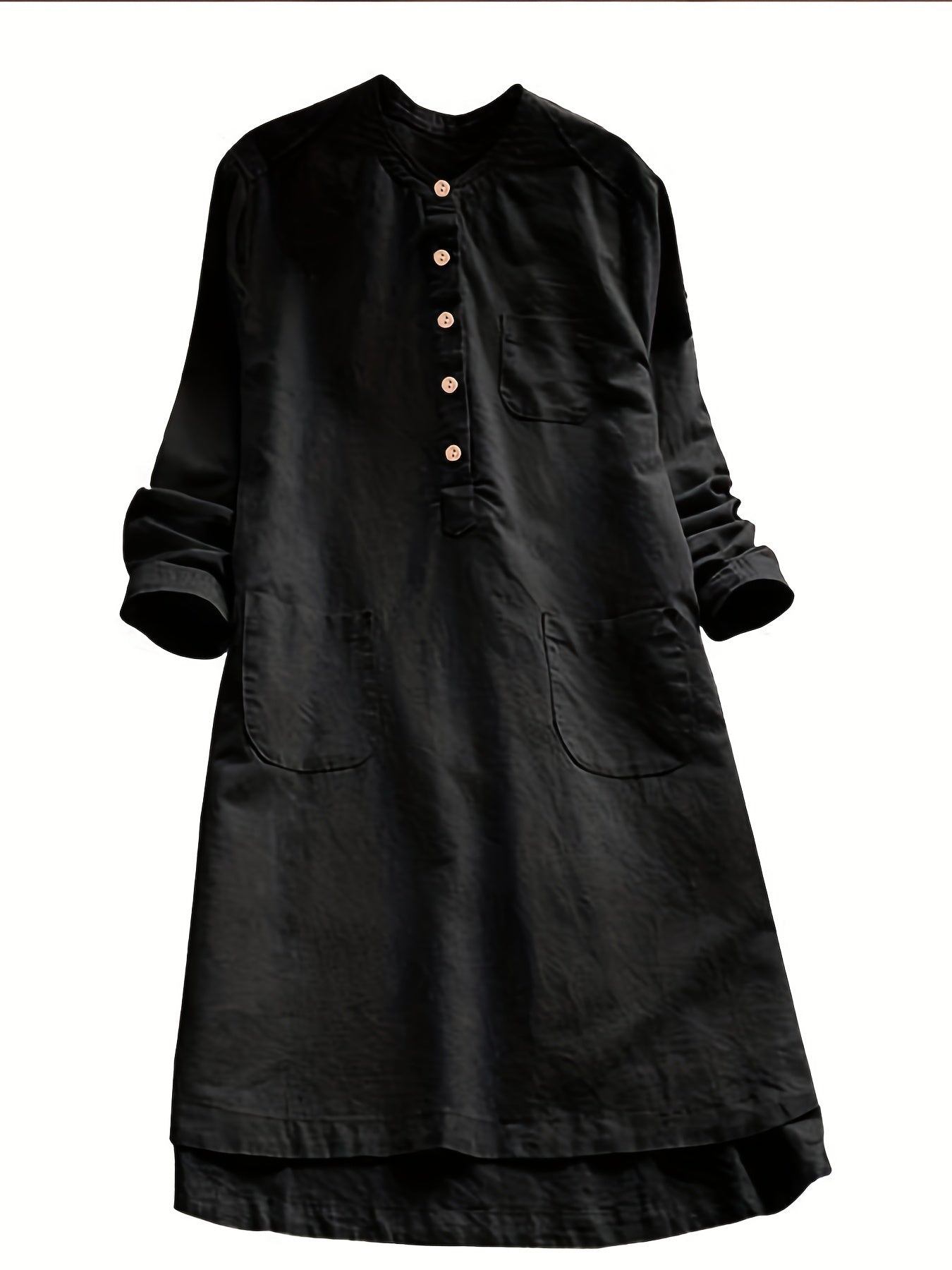 Plus Size Button Decor Solid Casual Swing Dress With Pockets, Women's Plus Loose Fit Midi Dress