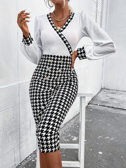 Houndstooth Splice Button Detail Bodycon Dress, Long Sleeve Surplice Neck Elegant Dress, Women's Clothing