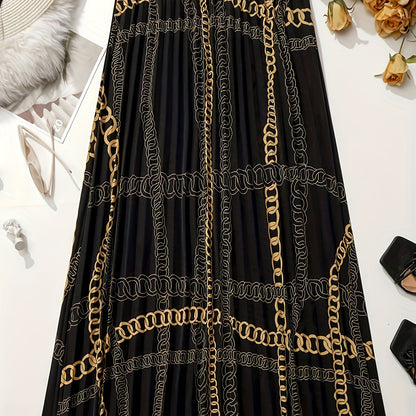 Plus Size Elegant Skirt, Women's Plus Baroque Print Slight Stretch Contrast Tape Pleated Maxi Skirt