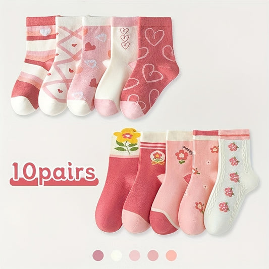 10pcs Kids' Cute Pink Floral & Heart Pattern Socks - Cozy Polyester Blend, Perfect for Fall/Winter - Mid-Calf Athletic & Floor Socks
