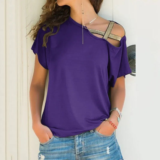 S-5XL Women Skew Neck Irregular Criss Cross Blouse Patchwork Solid Tops Blusa Femme One Shoulder Summer Shirt Hollow Plus Size 210518