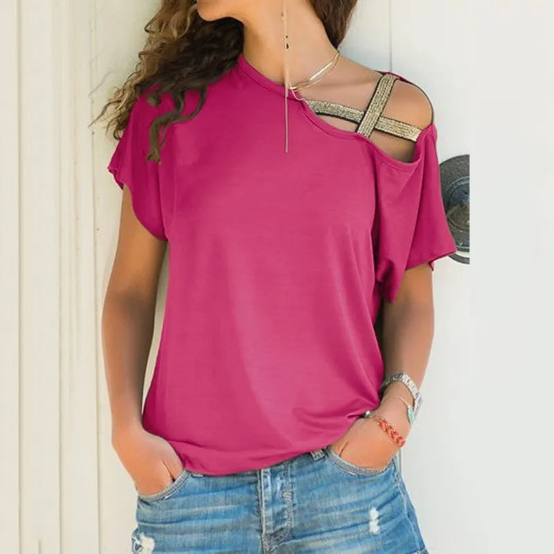 S-5XL Women Skew Neck Irregular Criss Cross Blouse Patchwork Solid Tops Blusa Femme One Shoulder Summer Shirt Hollow Plus Size 210518