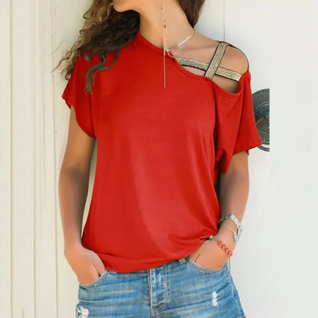 S-5XL Women Skew Neck Irregular Criss Cross Blouse Patchwork Solid Tops Blusa Femme One Shoulder Summer Shirt Hollow Plus Size 210518