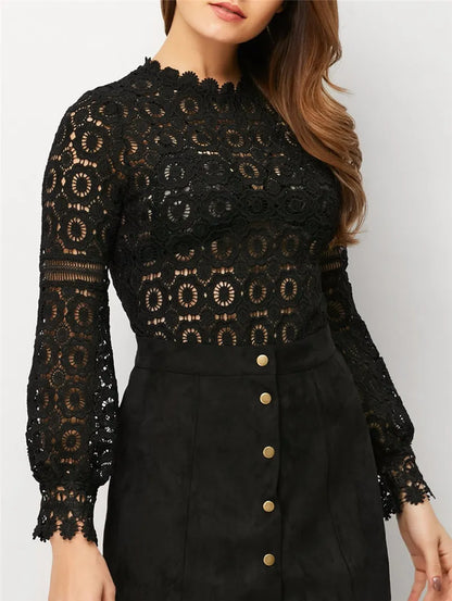 Lace Blouse Long Sleeve Women Casual White Shirt Spring Summer Sexy Hollow Out Elegant Tops Cool Blusas 201021