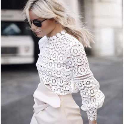 Lace Blouse Long Sleeve Women Casual White Shirt Spring Summer Sexy Hollow Out Elegant Tops Cool Blusas 201021